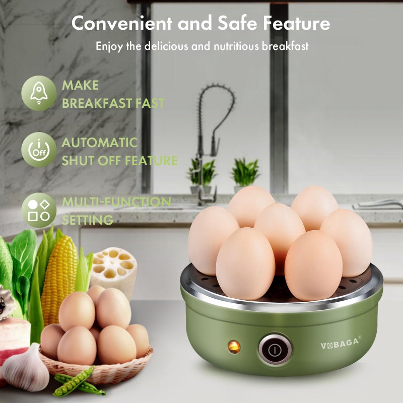 Vobaga VOBAGA Electric Egg Cooker, Rapid Egg Boiler with Auto Shut Off for Soft, Medium, Hard Boiled, Poached, Steamed Eggs, Vegetables and Dumplings, Stainless Steel Tray with 7-Egg Capacity (Green)  - Image 2
