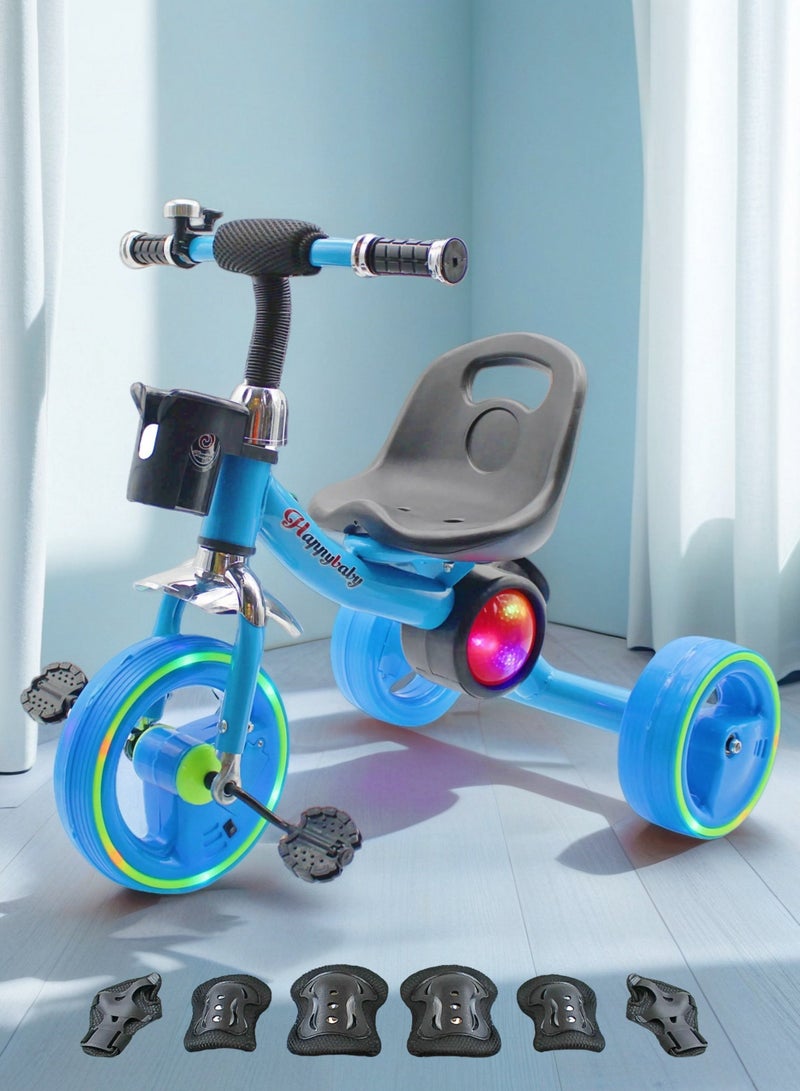 EASY FUTURE Toddler Baby Tricycle Bicycle Toy Ride-On with Fun Lights, Music & Basket (Available in Blue, Red, Pink) Package Include Protective Gear Set - Image 1