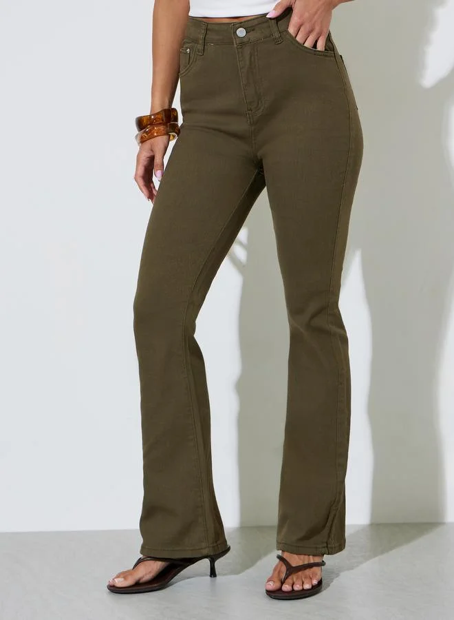Khaki Solid Mid-Rise Flare Jeans