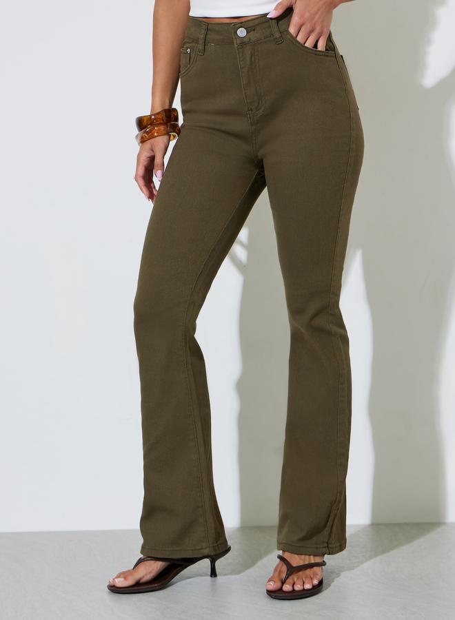 Styli Khaki Solid Mid-Rise Flare Jeans - Image 1