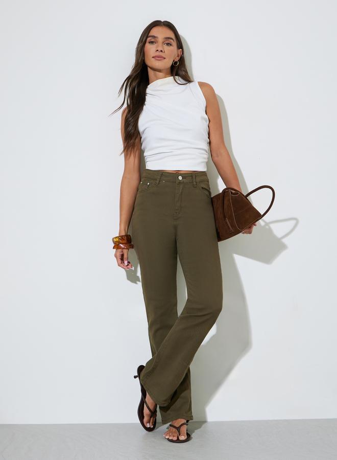 Styli Khaki Solid Mid-Rise Flare Jeans - Image 2