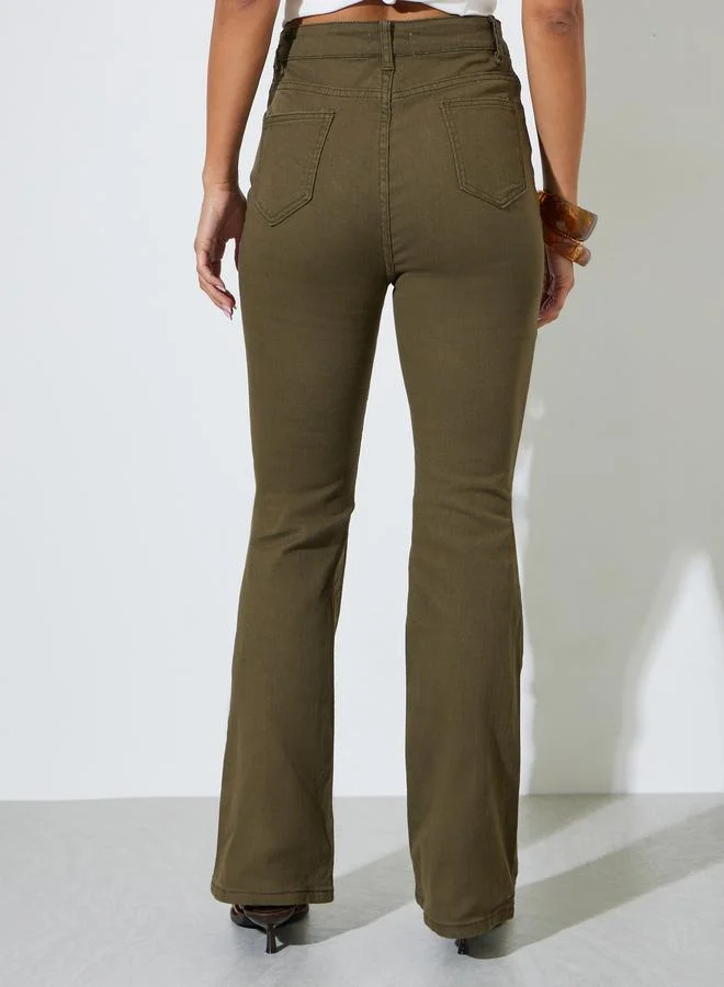 Styli  Khaki Solid Mid-Rise Flare Jeans for Women | Best Price UAE