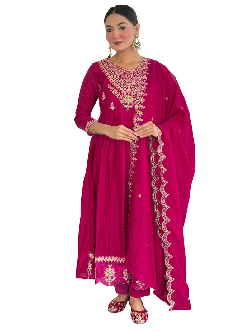 Naixa Women's Vichitra Silk Embroidered Flared Kurta Pant Dupatta Set – Ethnic Wear, 3-Piece Set for Wedding and Festival (NX4-731-Rani-S) - Image 1