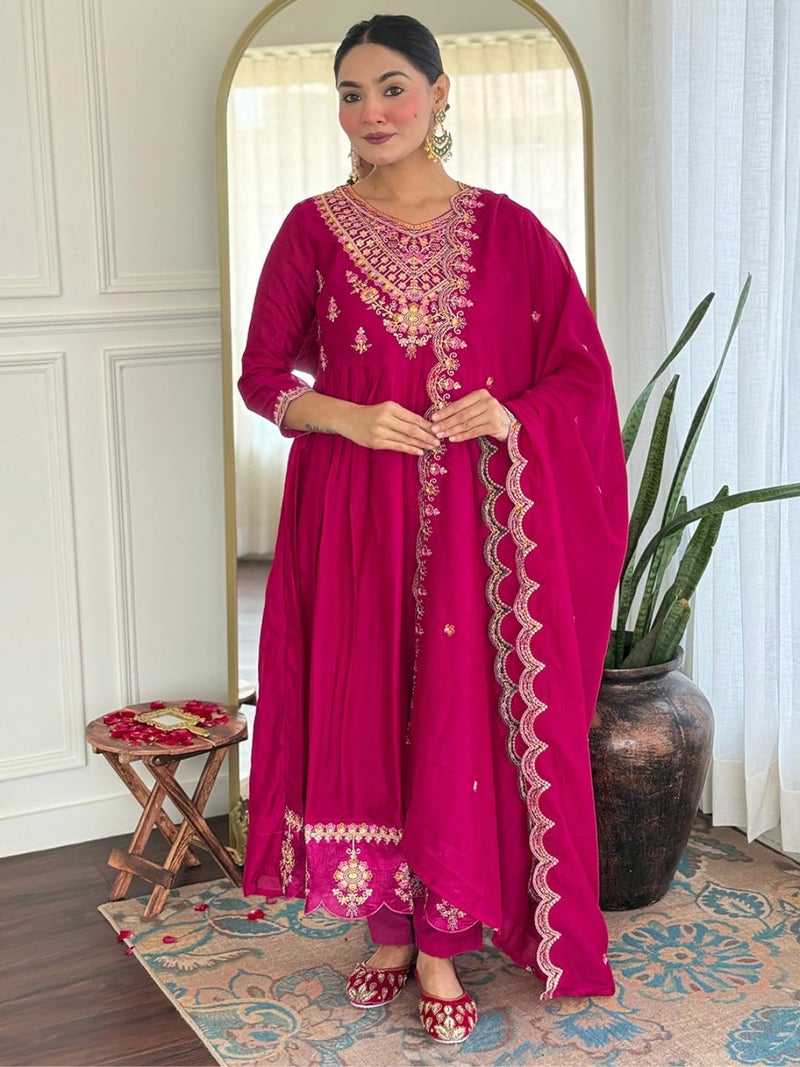Naixa Women's Vichitra Silk Embroidered Flared Kurta Pant Dupatta Set – Ethnic Wear, 3-Piece Set for Wedding and Festival (NX4-731-Rani-S) - Image 2