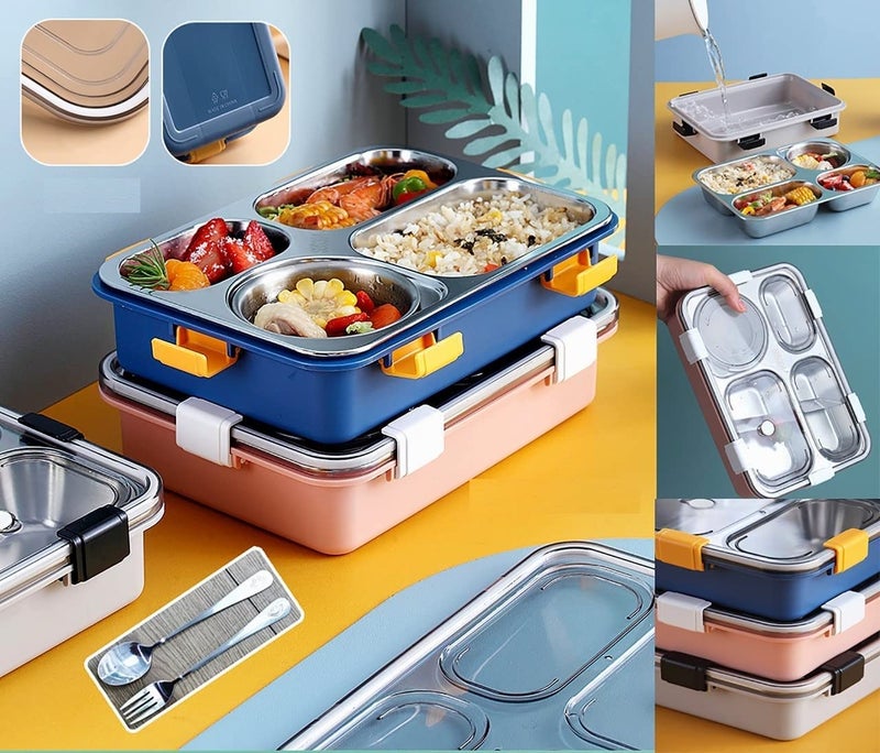 Nexellar Tokyo Buffet Lunch Box- High Steel 4 Compartment Rectangle Lunch Box with Spoon Steel Container for Office-College-School - Image 4