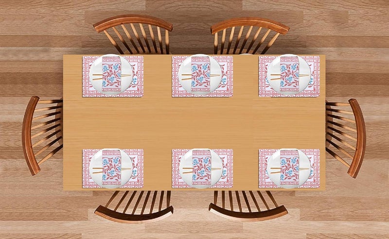 Texstylers Block Printed Pure Cotton Jaipuri Print Table Mat and Napkin Set6 Mat and 6 Napkins Pink Peach