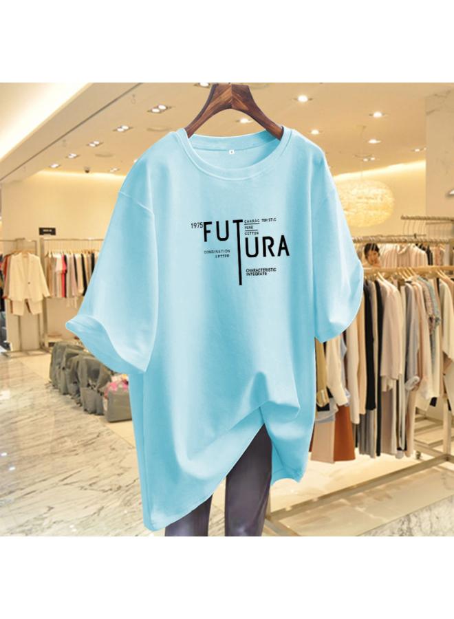 VUELO Letter Printed Short-sleeved T-shirt Women's Summer New Lower Body Missing Loose Slimming Mid-length Top Trendy 