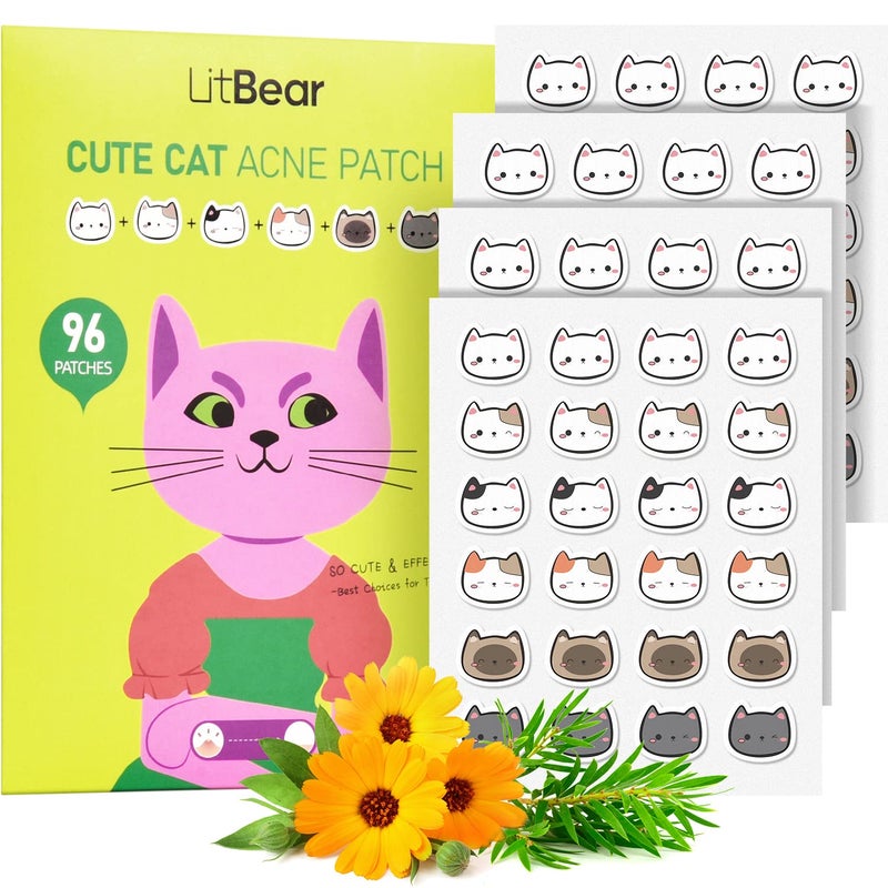 LitBear Acne Patch Pimple Patch, Cat Shaped Acne Absorbing Cover Patch, Hydrocolloid Acne Patches For Face Zit Patch Acne Dots, Tea Tree Oil & Salicylic Acid, 96 Patches, 12mm - Image 1