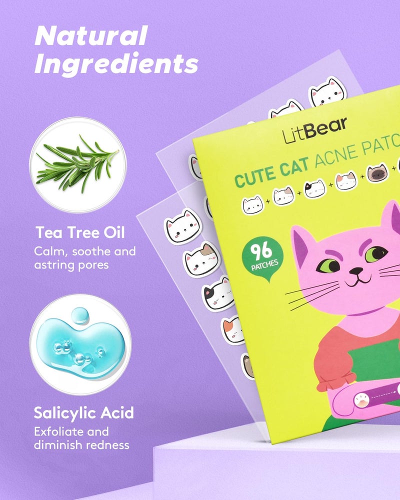 LitBear Acne Patch Pimple Patch, Cat Shaped Acne Absorbing Cover Patch, Hydrocolloid Acne Patches For Face Zit Patch Acne Dots, Tea Tree Oil & Salicylic Acid, 96 Patches, 12mm - Image 5