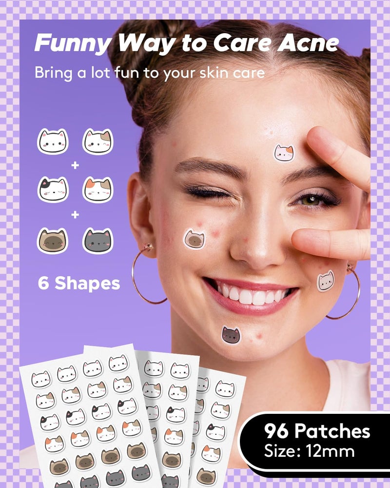 LitBear Acne Patch Pimple Patch, Cat Shaped Acne Absorbing Cover Patch, Hydrocolloid Acne Patches For Face Zit Patch Acne Dots, Tea Tree Oil & Salicylic Acid, 96 Patches, 12mm - Image 2