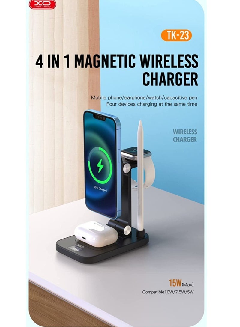 XO Tk23 4 In 1 Magnetic Wireless Charger And Mobile Phone Holder Foldable Portable Design Support Mobile Phone, Smart Watch, Earphone, Smart Pencil At On Time - Image 3