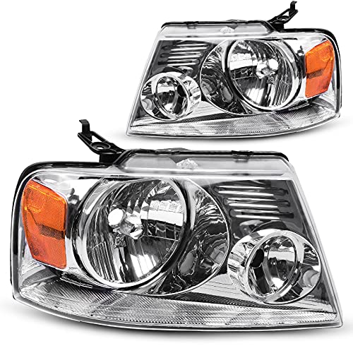 DWVO Headlight Assembly Compatible with 2004 2005 2006 2007 2008 Ford F150 Pickup 2006 2007 2008 Lincoln Mark LT Passenger and Driver Side Chrome Housing Amber Reflector - Image 1