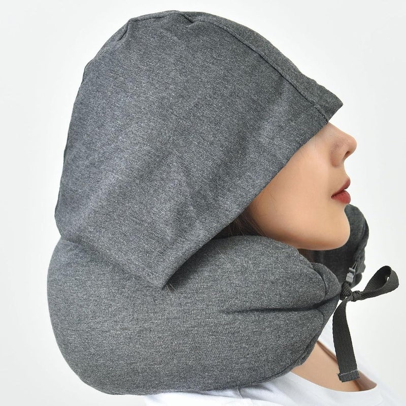 Neck Pillows for Travel, Adjustable Ergonomic Hoodie Travel Pillow, Memory Foam Neck Support for Airplane and Car (Dark Gray) - Image 5