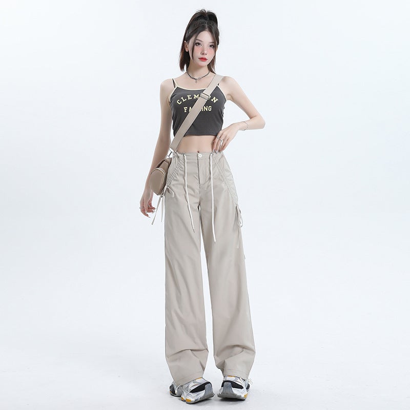 Cracker Khaki Design Sensibility Bowcargo Pants Womens Straight-Leg Loose-Fit High-Waisted Slimming Casual Trousers Summer 2024 apricot Trousers 