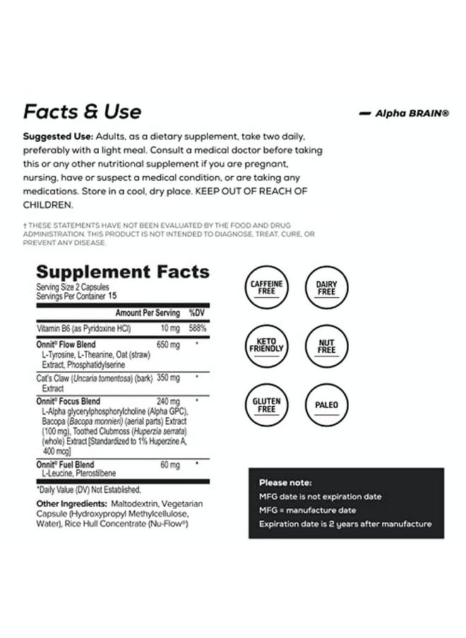 ONNIT Alpha Brain Nootropic Focus Capsules, Nootropics Brain Support Supplement for Memory, Mental Clarity and Cognitive Support with L-Theanine, Vitamin B6 and Huperzine A, 3-Pack (90 Count Total)