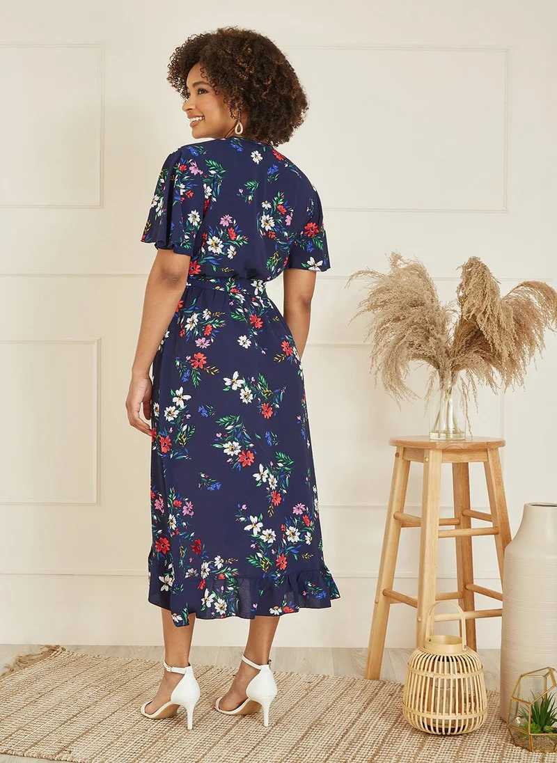 ميلا لندن Navy Floral Wrap Dress With Frill Hem