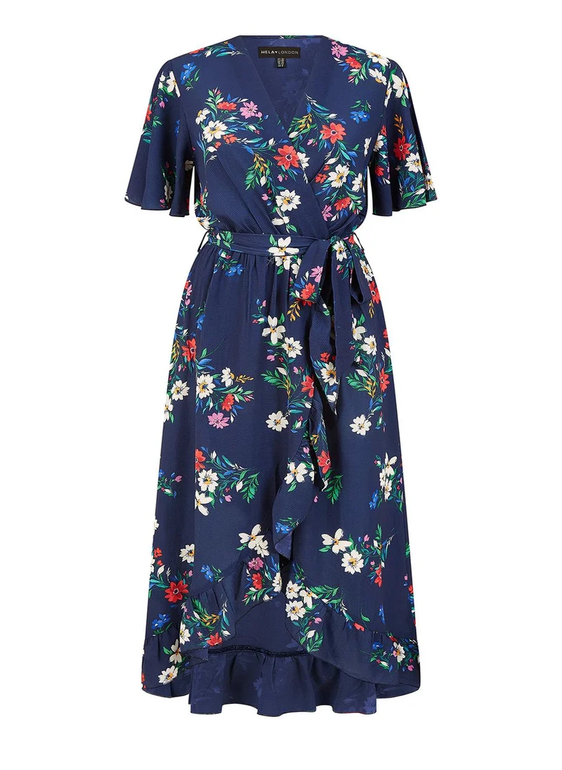 ميلا لندن Navy Floral Wrap Dress With Frill Hem