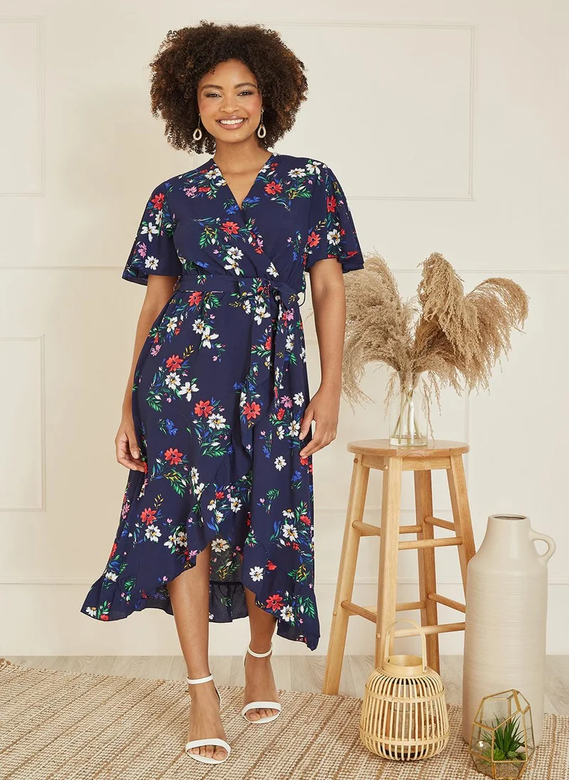 ميلا لندن Navy Floral Wrap Dress With Frill Hem