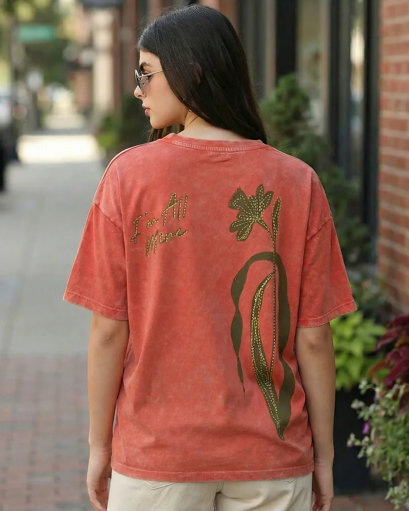 بيواكوف Women's Orange All Mine Graphic Printed Oversized Acid Wash T-shirt