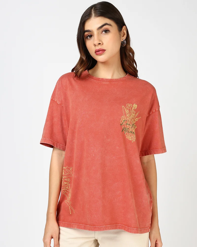 بيواكوف Women's Orange All Mine Graphic Printed Oversized Acid Wash T-shirt