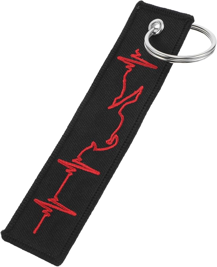 Black Red Stitched Heartbeat Embroidered Car Motorcycle Keychain Key Fob Holder Biker Accessory - Image 1