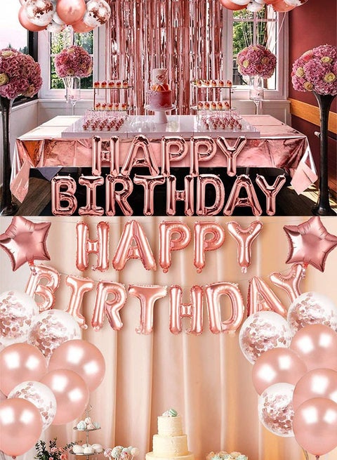 Rose Gold Birthday Party Decoration, Happy Birthday Banner, Rose Gold Fringe Curtain, Foil Tablecloth, Heart Star Foil Confetti Balloons