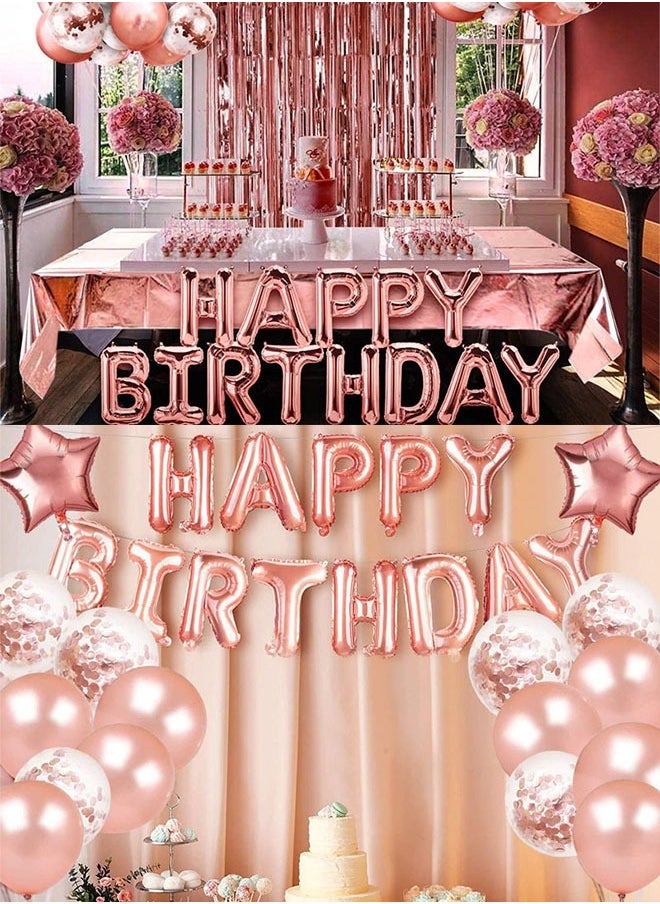 GROIC Rose Gold Birthday Party Decorations Set Rose Gold Balloon Set with Happy Birthday Balloon Banner, Foil Balloon, Fringe Curtain, Tablecloth and Ribbon  - Image 4
