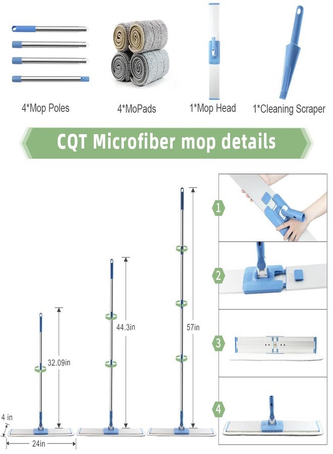 CQT Commercial Flat Microfiber Floor Mop Cleaning System 24" Inch Wet Dry and Dust Hardwood with 4 Washable Pads Cleaner for Laminate Tile Stainless Steel Handle and Extension (Blue) - Image 3