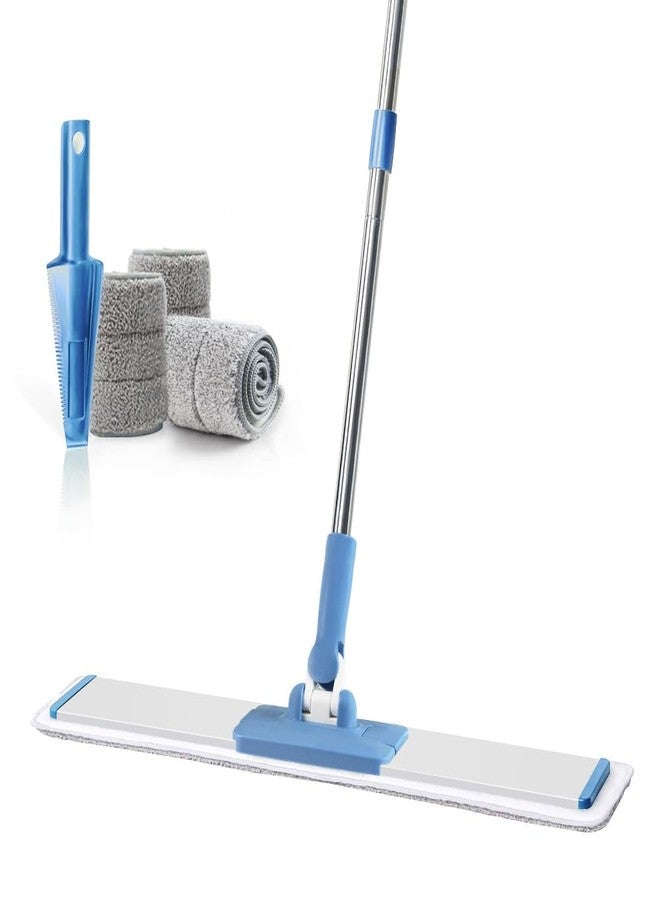 CQT Commercial Flat Microfiber Floor Mop Cleaning System 24" Inch Wet Dry and Dust Hardwood with 4 Washable Pads Cleaner for Laminate Tile Stainless Steel Handle and Extension (Blue) - Image 1