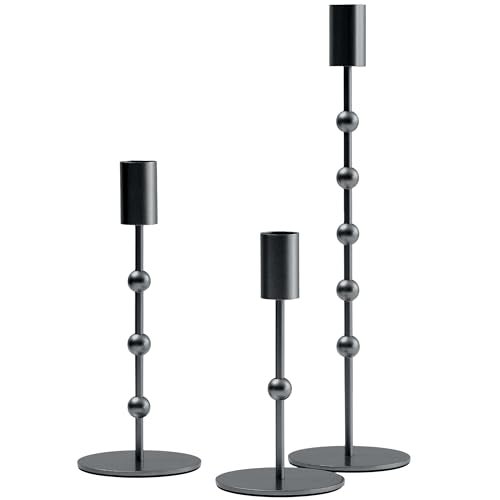 DN DECONATION Black Candlestick Holders Beaded Metal Taper Candle Stick Holders Set of 3 Candle Holder for Fall Decorations Tapered Candle Holders Thanksgiving Table Centerpiece Halloween Gothic Decor - Image 1