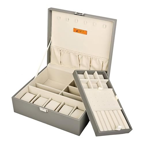 FONSIE Faux Leather Organizer Box grey, Jewellery box Organisers for women, jewelry Storage For Necklace, Earrings, Rings, Bracelet, Portable Storage Box Case With Dividers - Image 1