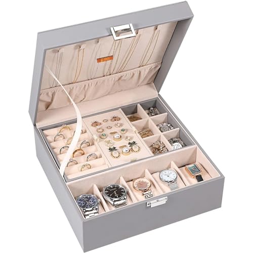 FONSIE Faux Leather Organizer Box grey, Jewellery box Organisers for women, jewelry Storage For Necklace, Earrings, Rings, Bracelet, Portable Storage Box Case With Dividers - Image 3
