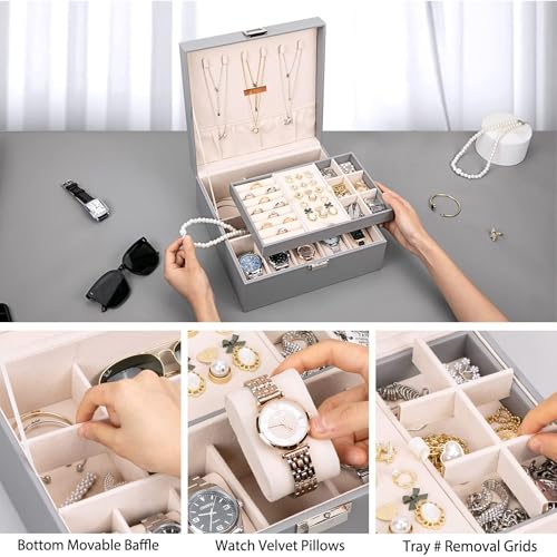 FONSIE Faux Leather Organizer Box grey, Jewellery box Organisers for women, jewelry Storage For Necklace, Earrings, Rings, Bracelet, Portable Storage Box Case With Dividers - Image 2