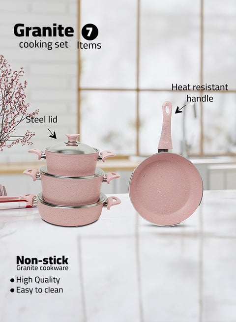 7 Pieces Turkish Granite Cookware Set with Steel Lid - Pink