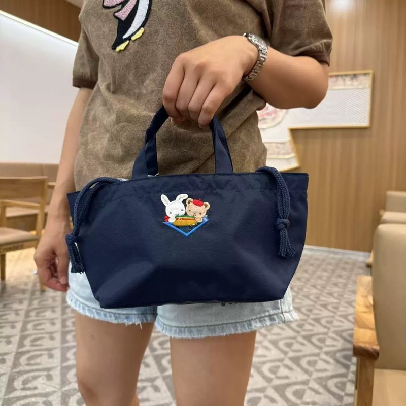 Embroidered Cartoon Bear Drawstring Shopper Tote Bag - Image 1