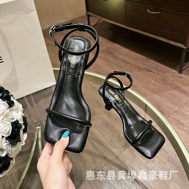 Xinshao Shoe Factory 2024 Square-Toe Fruit-Shell Same Style Thin Strap Soft Strap Soft-Soled One-Word Strap Comfortable High-Heeled Sandals - Image 3