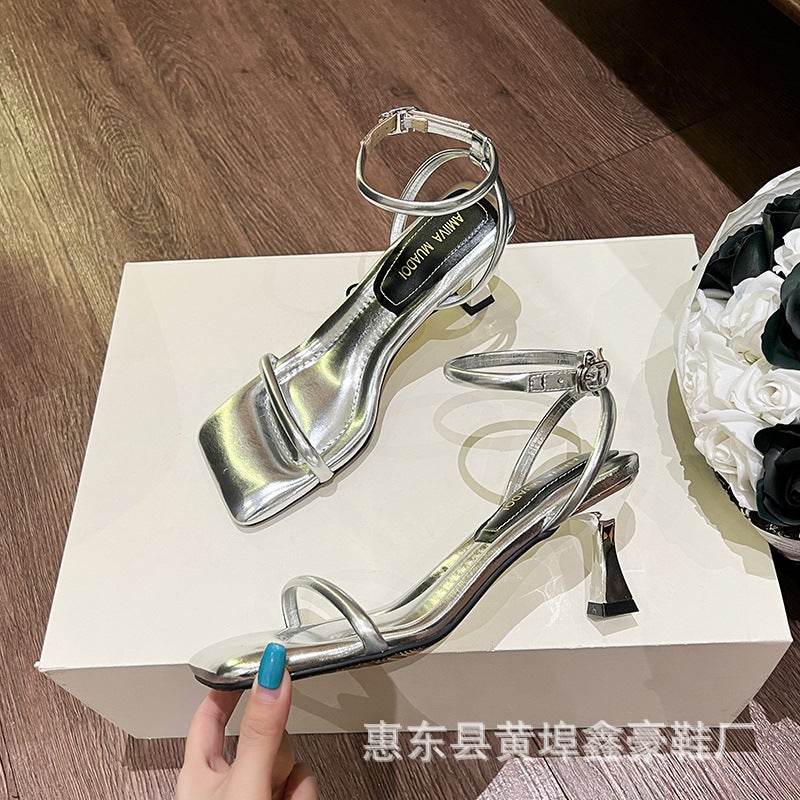 Xinshao Shoe Factory 2024 Square-Toe Fruit-Shell Same Style Thin Strap Soft Strap Soft-Soled One-Word Strap Comfortable High-Heeled Sandals - Image 5