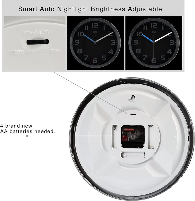 hito 12 Inch Night Light Wall Clock Battery Operated Brightness Adjustable, Metal Frame, Glass Cover(Hands Illuminate) - Image 4