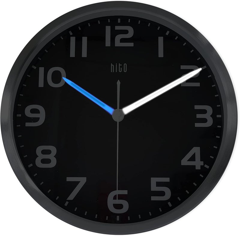 hito 12 Inch Night Light Wall Clock Battery Operated Brightness Adjustable, Metal Frame, Glass Cover(Hands Illuminate) - Image 1