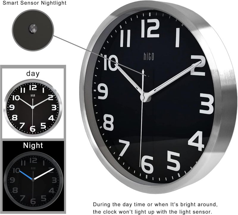 hito 12 Inch Night Light Wall Clock Battery Operated Brightness Adjustable, Metal Frame, Glass Cover(Hands Illuminate) - Image 3