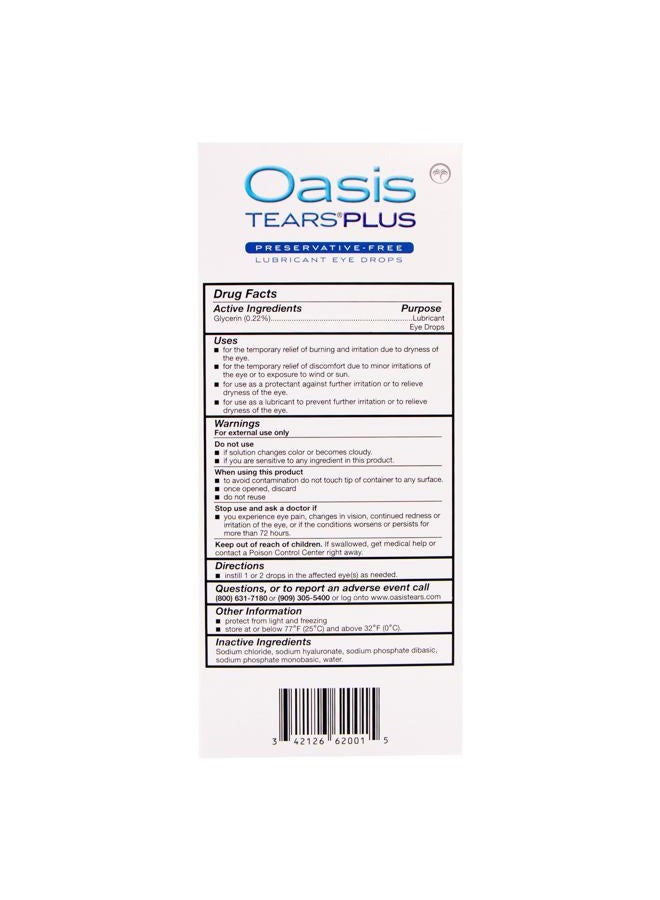 Oasis Tears قطرات عين مرطبة خالية من المواد الحافظة TEARS PLUS، 30 حاوية، 0.3 مل/0.01 أونصة سائلة - Image 4