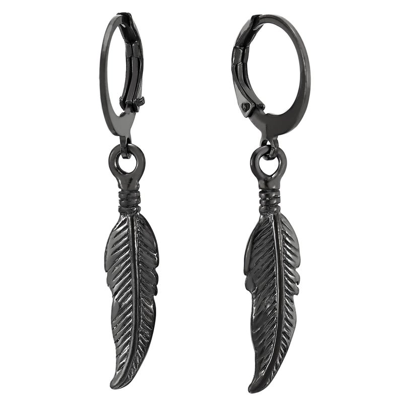 COOLSTEELANDBEYOND Mens Womens Stainless Steel Black Huggie Hinged Hoop Earrings with Dangling Vintage Feather Leaf - Image 1
