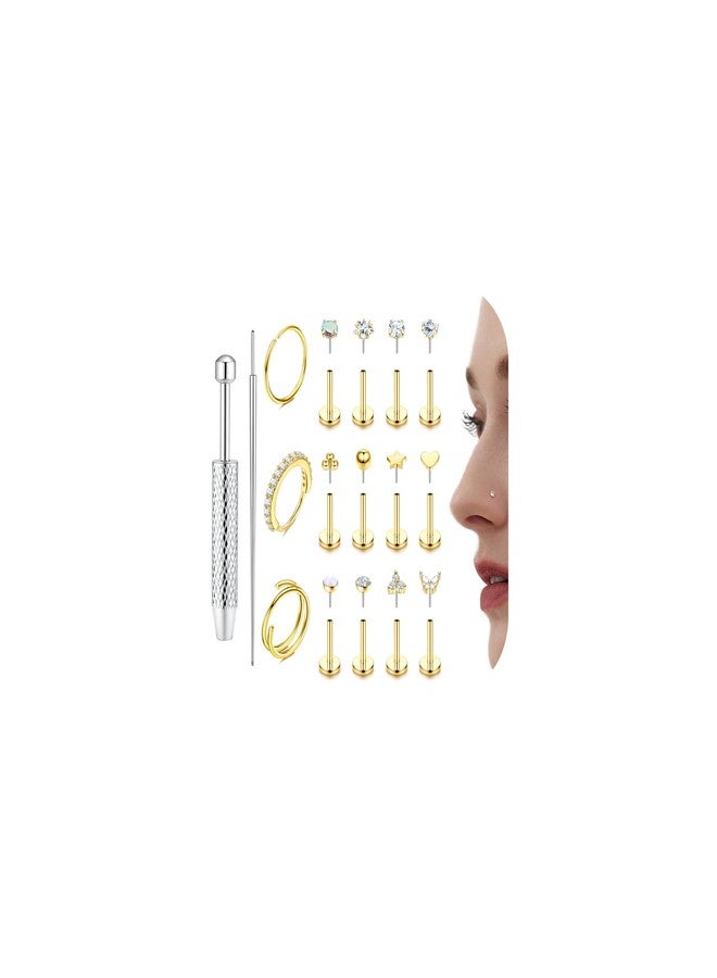 THUNARAZ 14K Gold Filled Nose Rings Studs for Women 316L Surgical Steel Threadless Push in Flat Back Earrings Hypoallergenic Nose Rings Hoops Cartilage Tragus Conch Helix Piercing Jewelry Gold/Silver - Image 1