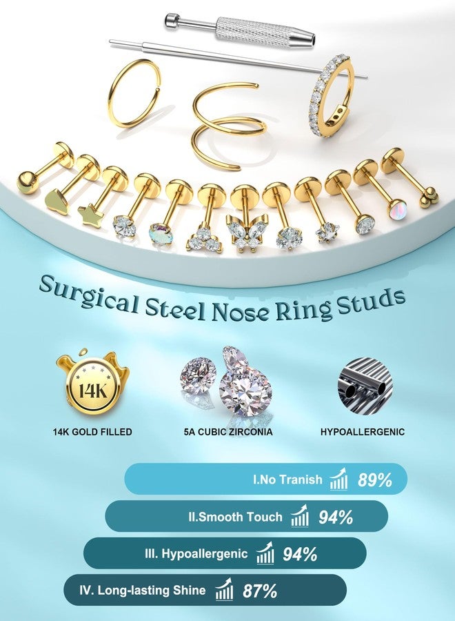 THUNARAZ 14K Gold Filled Nose Rings Studs for Women 316L Surgical Steel Threadless Push in Flat Back Earrings Hypoallergenic Nose Rings Hoops Cartilage Tragus Conch Helix Piercing Jewelry Gold/Silver - Image 2