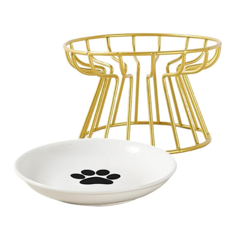 Elevated Cat Bowl: 4 Inch Height Gold Ceramic Bowl - Whisker-Friendly Anti-Vomiting Design Easy To Clean Raised Pet Bowl for Indoor Cats Home Decor - Image 1