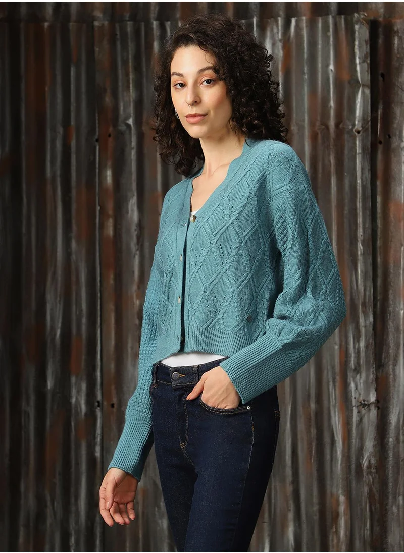 هاي ستار Women's Blue 100% Acrylic Solid Regular Fit Sweater