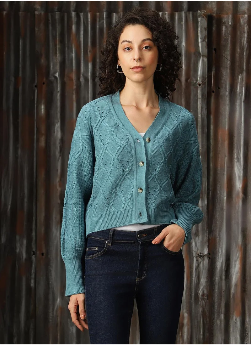 هاي ستار Women's Blue 100% Acrylic Solid Regular Fit Sweater