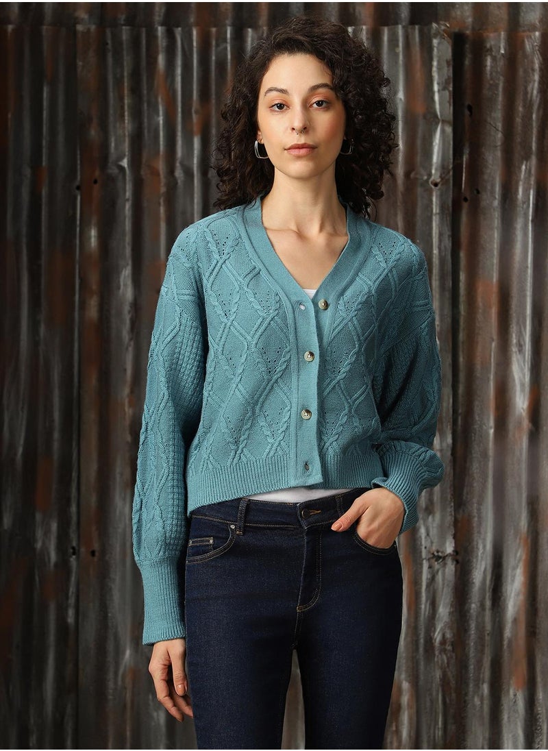 HIGH STAR Women's Blue 100% Acrylic Solid Regular Fit Sweater  - Image 1