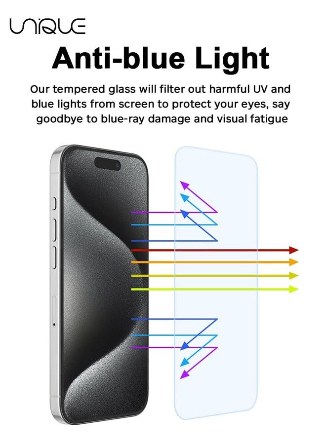 Unique 2 Pack Anti Blue Light Screen Protector for iPhone 15 Pro Max - Blue Light Blocking Tempered Glass Screen Cover - Full Coverage Protective Film - Image 4