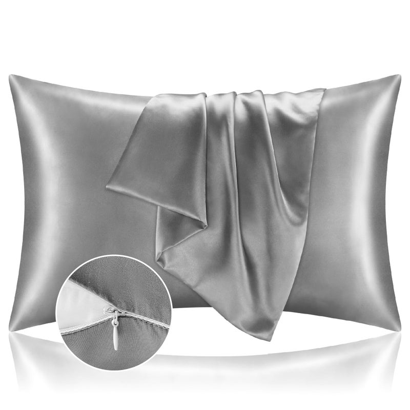 BEDELITE Satin Pillowcase with Zipper 2 Pack Grey Pillow Cases Standard Size Super Soft and Cooling Similar to Silk Pillow Cases Gift for Women Men20x26 Inches
